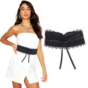 Women Lace Obi Belt Black Leather Wrap Knotted Belt Wide Dress Costume Solid🤘